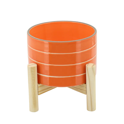 Ceramic 6" Striped Planter with Wood Stand - Orange|Cache-pot rayé de 6 po en céramique avec support en bois - orange
