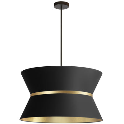 Dainolite Caterine 4 Light Pendant 24" Dia Matte Black Finish Gold Ring/Black Shade Lamp|Luminaire suspendu Caterine de Dainolite de 24 po de diamètre, avec abat-jour noir, anneau doré, fini noir mat et 4 ampoules