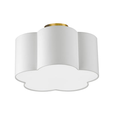 Dainolite Phlox 3 Light Flush Mount Small Aged Brass White Shade Lamp|Petit plafonnier affleuré Phlox de Dainolite avec abat-jour blanc, fini laiton vieilli et 3 ampoules