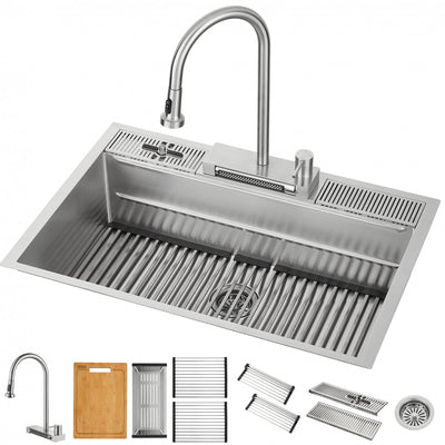 MultiSINK 33 in. Dual Mounted 3-Level Workstation Kitchen Sink, Faucet, Glass Rinser,Stainless Steel- E-XP30 Laundry Combo | Evier poste de travail MultiSINK 33 po, double pose, 3 niveaux, robinet, rince-verre, inox-E-XP30