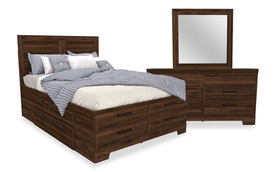 Yorkdale 5pc Bedroom Set with 12-Drawer Storage Bed, Dresser & Mirror, Walnut Brown- Full Size | Ensemble de chambre à coucher Yorkdale 5 pièces avec lit de rangement à 12 tiroirs, commode et miroir, brun noyer - format lit double