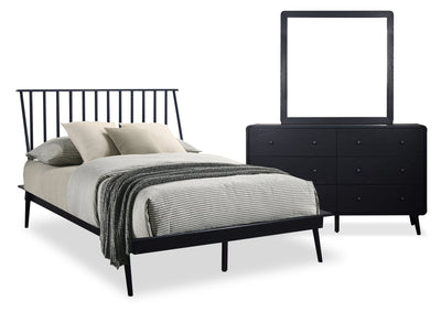 Milan 5pc Bedroom Set with Bed, Dresser & Mirror, Mid-Century Modern, Black - Full Size | Ensemble de chambre à coucher Milan 5 pièces de style moderne du milieu du 20e siècle avec lit, commode et miroir, noir - format lit double