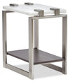 Paradox 16\" Modern Chairside Table with Shelf - White Marble Top with Brushed Platinum Frame