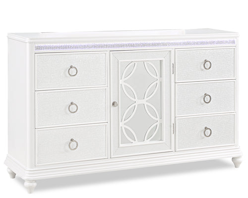 Ava Bedroom 7-Drawer Dresser with LED Light, 67"W x 39"H, Glam - White