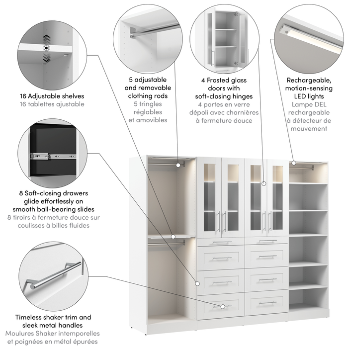 Bestar Florence 100\" Modular Walk-In Closet System with LED Lights, Rods, Shelves, Drawers and Doors Shaker Style - White