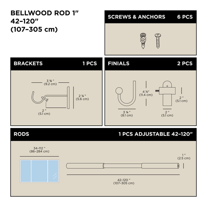 Umbra Bellwood Matte Black Expandable 1\" Curtain Rod - 42\"-120\" 