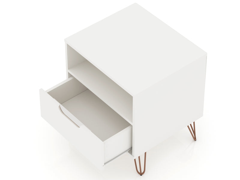 Manhattan Comfort Rockefeller Mid-Century Modern Nightstand with Drawer - White