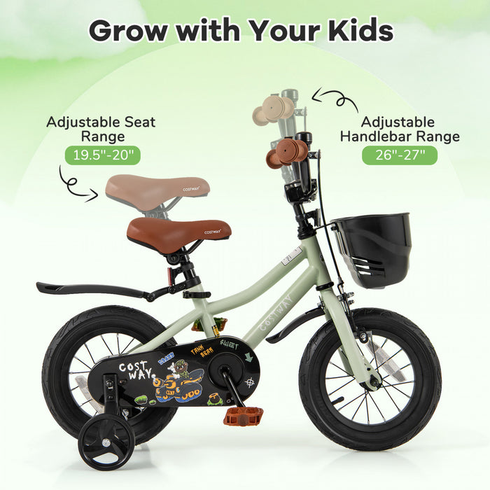 Costway 12\" Kid's Bike With Training Wheels Adjustable Handlebar & Seat Handbrake Green