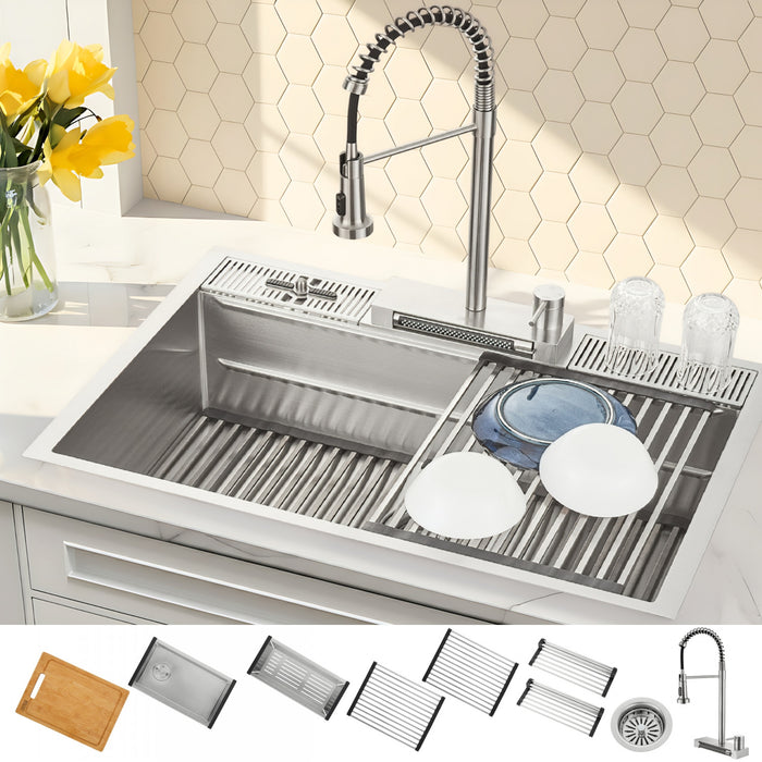 MultiSINK 33 in. Dual Mounted 3-Level Workstation Kitchen Sink, Faucet, Glass Rinser,Stainless Steel - E-XP31 Laundry Combo