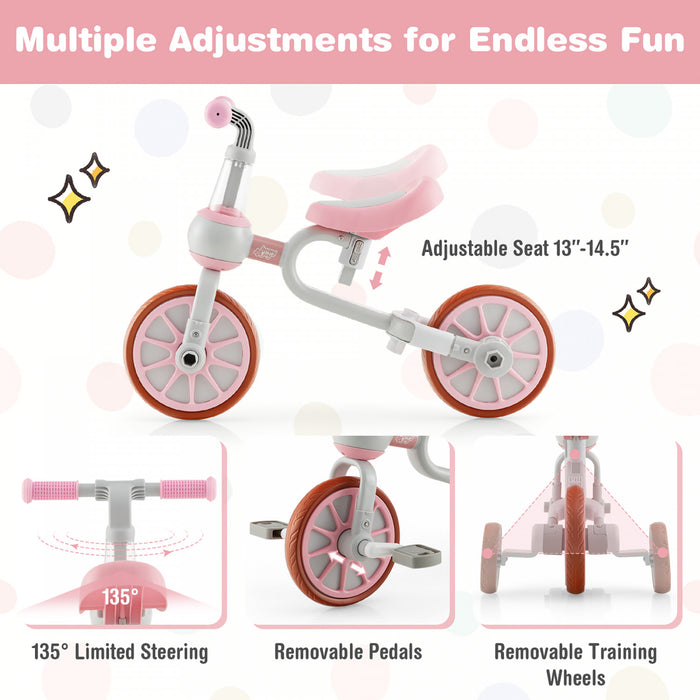 Costway 4 In 1 Kids Tricycles With Push Handle & Training Wheels Baby Balance Bike Pink