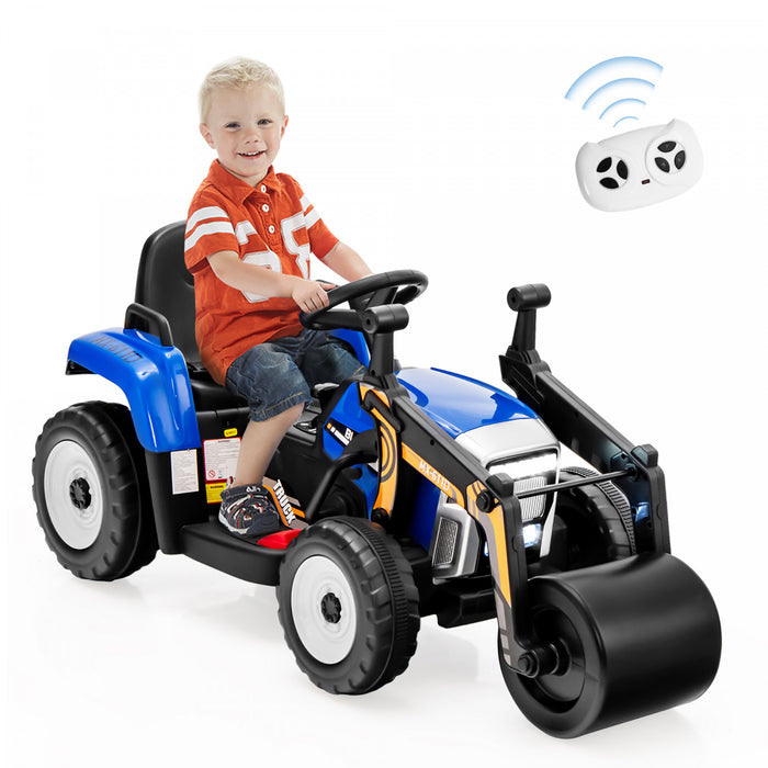 Costway Kids Ride On Road Roller 12v Electric Tractor Remote W/ Music & Led Light Blue