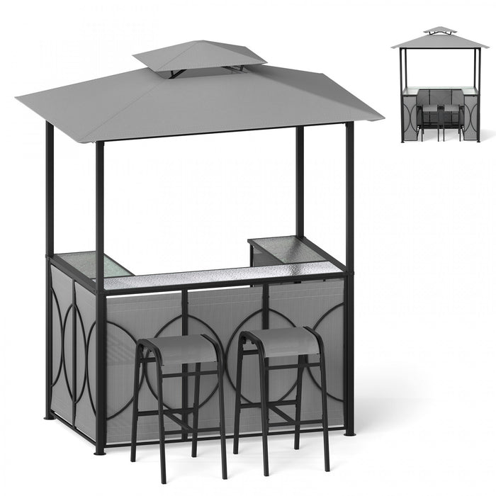 Costway 6.5 X 4 X 8 Ft Grill Gazebo Set With 2 Bar Stools, Tempered Glass Bar Table Gray