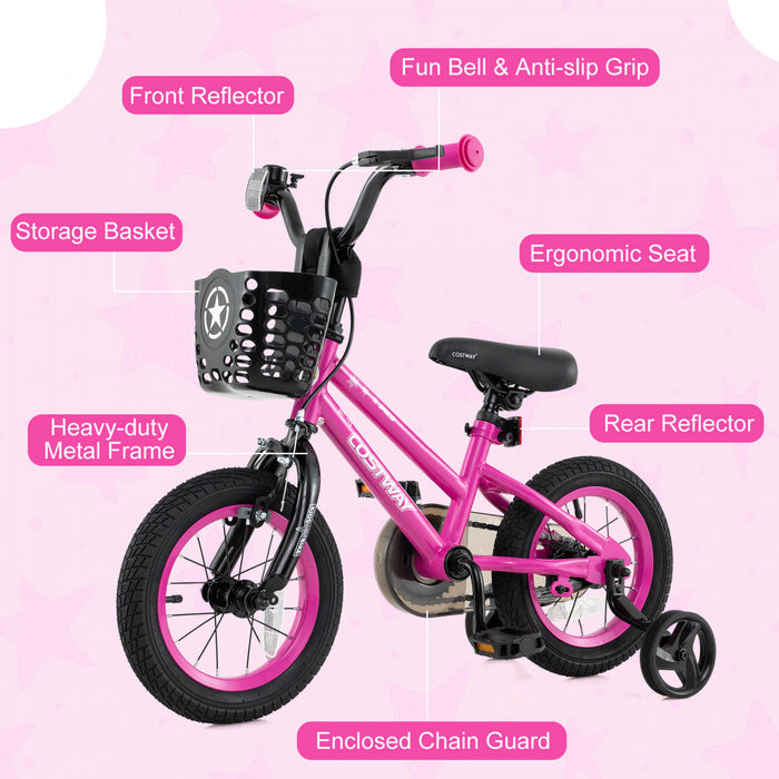 Costway 12\" Kid's Bike With Training Wheels Adjustable Handlebar & Seat Handbrake Pink
