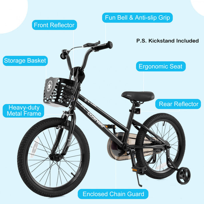 Costway 18\" Kid's Bike With Training Wheels Adjustable Handlebar & Seat Handbrake Black