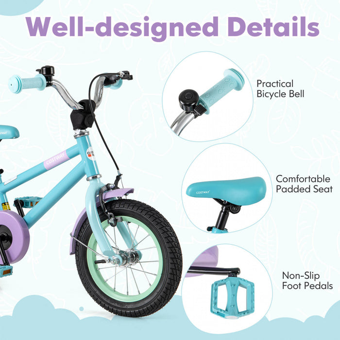 Costway 12\" Kids Bike With Adjustable Saddle Handlebar Removable Training Wheels Handbrake Blue
