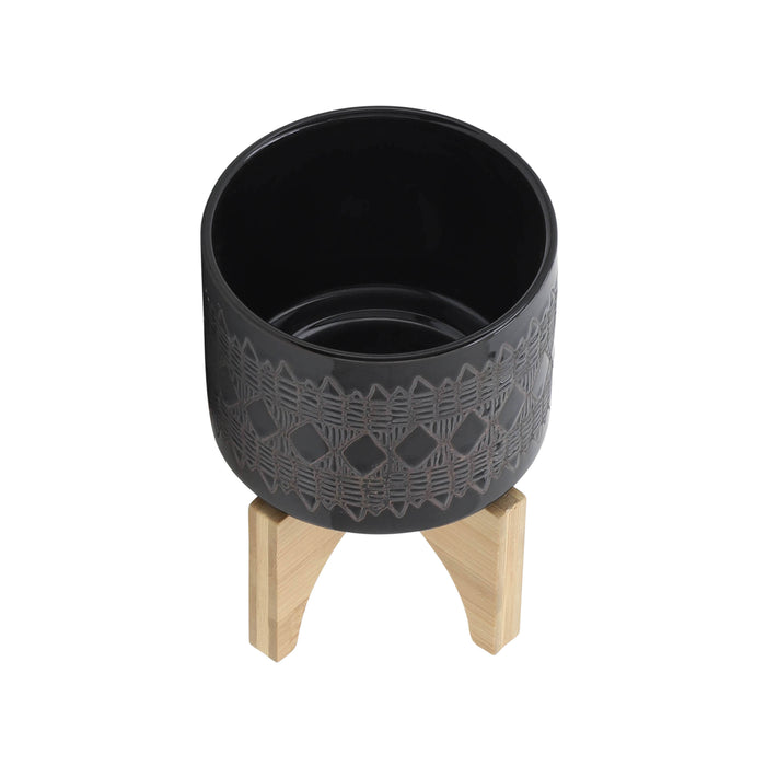Ceramic 5\" Aztec Planter with Wood Stand - Black