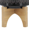 Ceramic 5" Aztec Planter with Wood Stand - Black|Cache-pot de 5 po en céramique à motif aztèque avec support en bois - noir