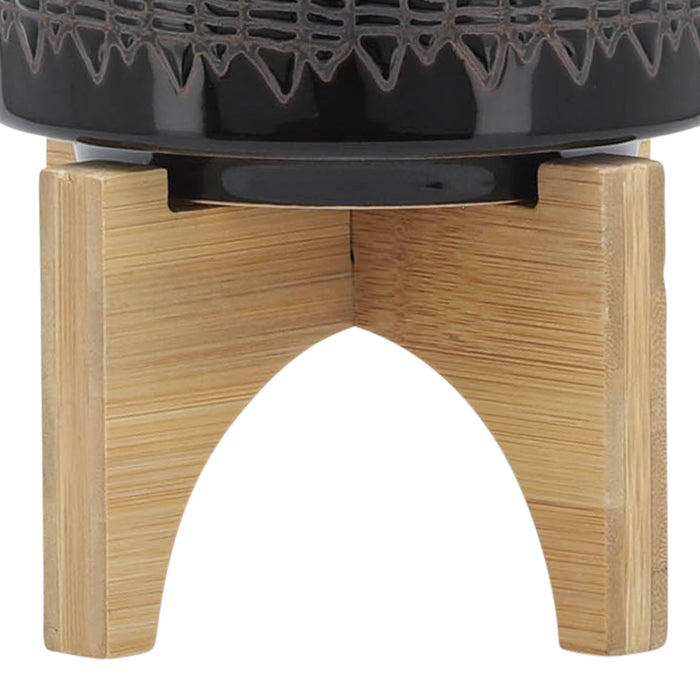 Ceramic 5\" Aztec Planter with Wood Stand - Black