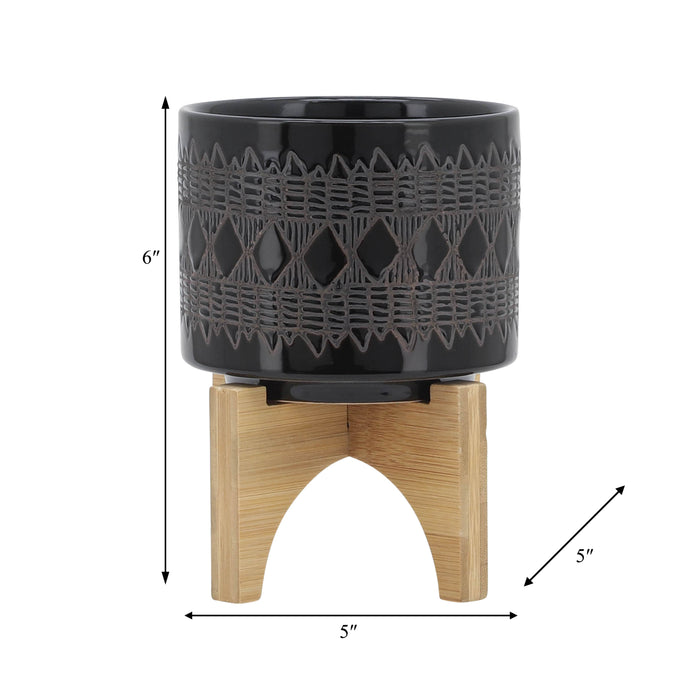 Ceramic 5\" Aztec Planter with Wood Stand - Black