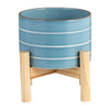 Ceramic 6" Striped Planter with Wood Stand - Sky Blue|Cache-pot rayé de 6 po en céramique avec support en bois - bleu ciel