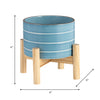 Ceramic 6" Striped Planter with Wood Stand - Sky Blue|Cache-pot rayé de 6 po en céramique avec support en bois - bleu ciel