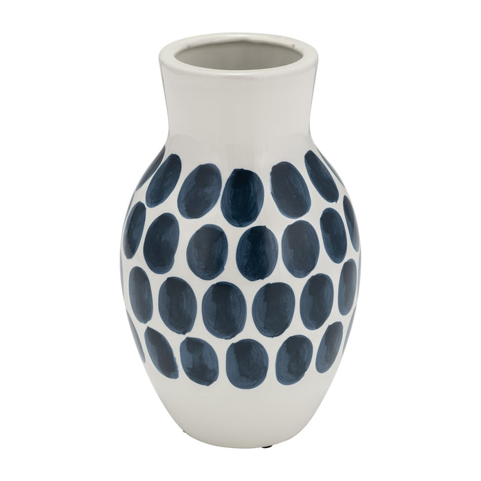 Ceramic 10\" Navy Polka Dot Flower Vase - White