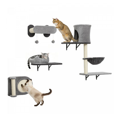 PawHut Cat Wall Shelves, 4 Pcs Cat Wall Furniture Climber Set with Scratching Post & Pad, Condo, Hammock, Bed, Step, Hanging Pompoms, Perches, for Kitty Climbing, Sleeping, Playing