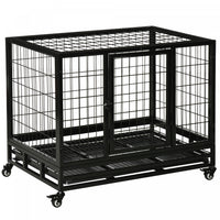 Pawhut Heavy Duty Dog Crate Cage For Large Medium Dogs With Two Doors, Lockable Wheels Tray, 36