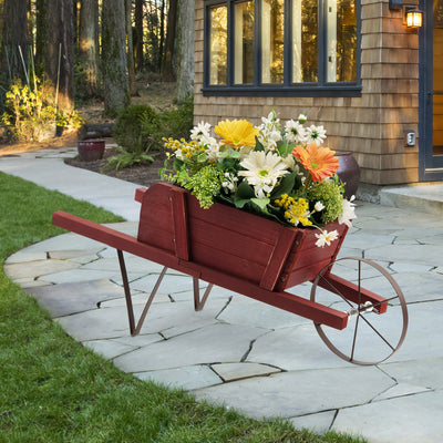 Costway Wooden Wagon Planter Decorative Indoor/outdoor Rustic Flower Cart With Wheel Red