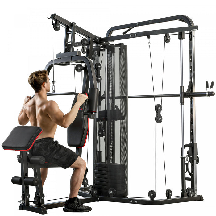 Soozier All-in-One Home Gym Smith Machine, Power Cage for Strength Training with Cable Pulley System, 143LBS Weight Stack, Chest Station, Preacher Pad and Leg Developer
