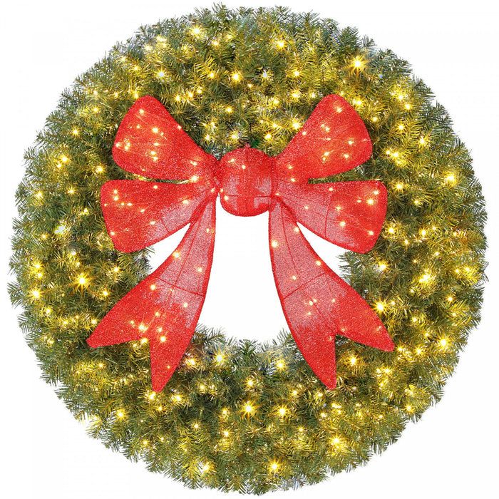 HOMCOM 60in Pre-Lit Christmas Wreath for Front Door with 3D Red Bow