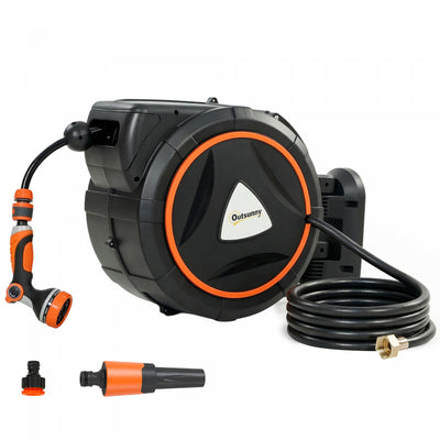 Outsunny Retractable Garden Hose Reel, 1/2" x 75.5ft Wall Mounted Hose Reel with 12-Pattern Nozzles, Auto Retraction, Self-Locking, Slow Return System, 180° Swivel Bracket