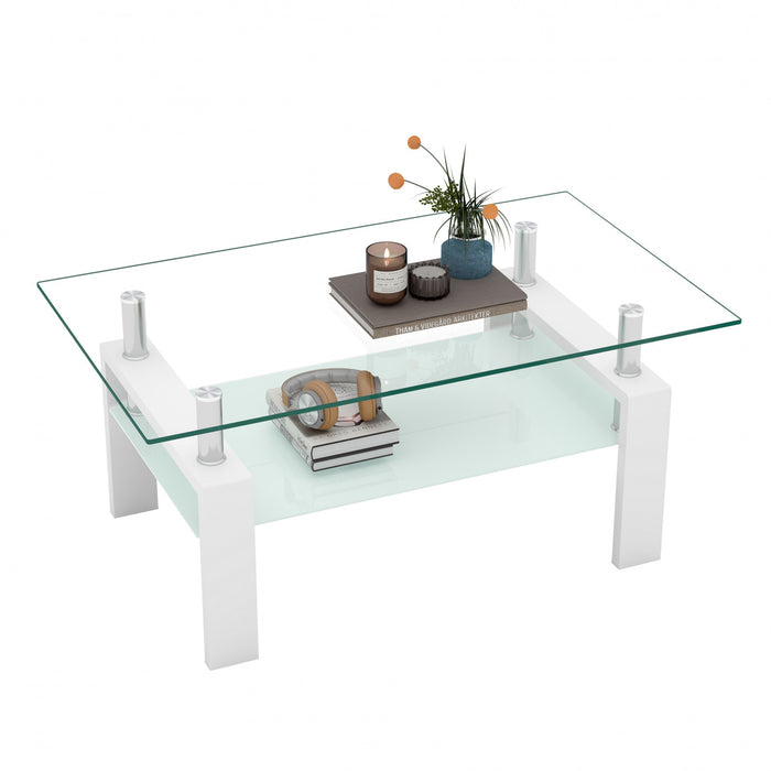 Liam Modern Rectangle Clear Tempered Glass Coffee Table,White