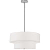 Dainolite Everly 4 Light 2 Tier Pendant Satin Chrome Finish White Shade Lamp|Luminaire suspendu Everly de Dainolite avec abat-jour blanc, 2 niveaux, fini chromé satiné et 4 ampoules