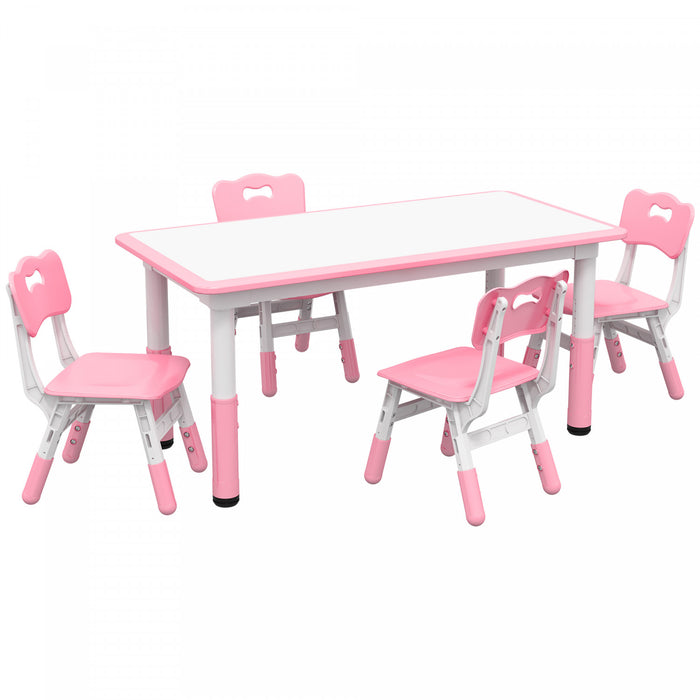 Qaba Kids Table And Chair Set With 4 Chairs, Adjustable Height, Easy To Clean Table Surface, For 1.5 - 5 Years Old, Pink