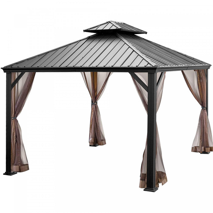 Costway 12ft X 10ft Hardtop Gazebo 2-tier Outdoor Galvanized Steel Canopy Brown