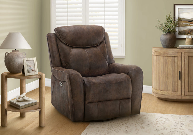 MONARCH SPECIALTIES POWER RECLINING CHAIR, 37\" WIDE, GLIDER, SWIVEL, USB PORTS INCLUDED, BROWN LEATHER-LOOK RECLINER