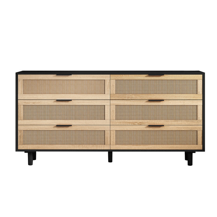 59\" Mila Modern 6 Drawer Rattan Storage Cabinet with Engineered Wood Frame - Black