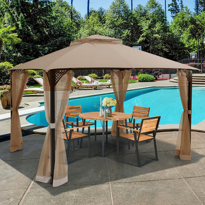 Costway 12' X 10' Outdoor Patio Gazebo Canopy Shelter Double Top Sidewalls Netting Brown