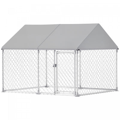 Pawhut Large Dog Kennel With Roof And Safety Lockable Latch, Heavy-duty Galvanized Steel Dog Run Chain Link W/ Waterproof Uv-resistant Cover, 7' X 5.9' X 5.1'