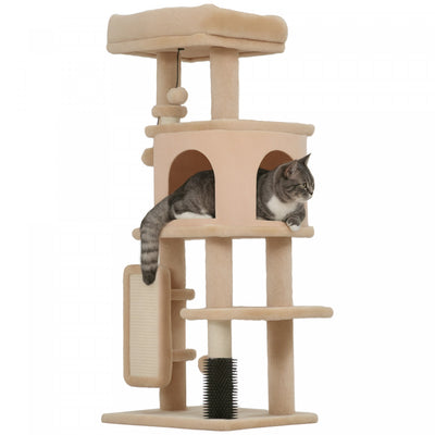 PawHut Cat Tree for Large Cat Adults, 41 Inch Cat Tower for Indoor Cats w/ Scratching Posts, Cat Bed, Condo, Grooming Brush, Jumping Platforms, Toy Balls, Anti-tip Kit, Beige