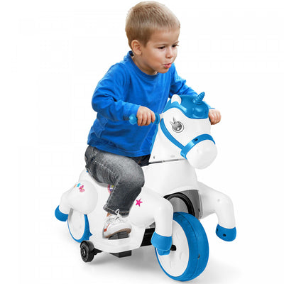 Costway 12v Kids Ride On Unicorn Toy With Training Wheels Music One-button Start Horse Toy Blue