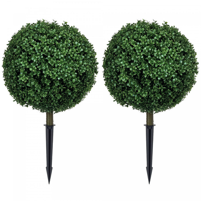 HOMCOM Set of 2 Artificial Boxwood Topiary Trees with Ground Stakes