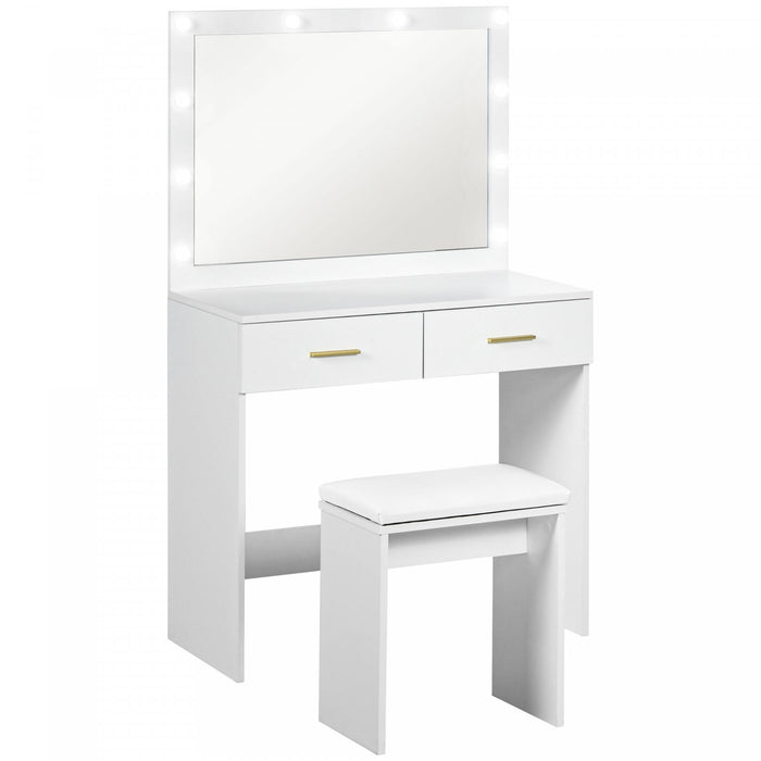 HOMCOM Makeup Vanity Desk and Stool Set with LED Lighted Mirror, White
