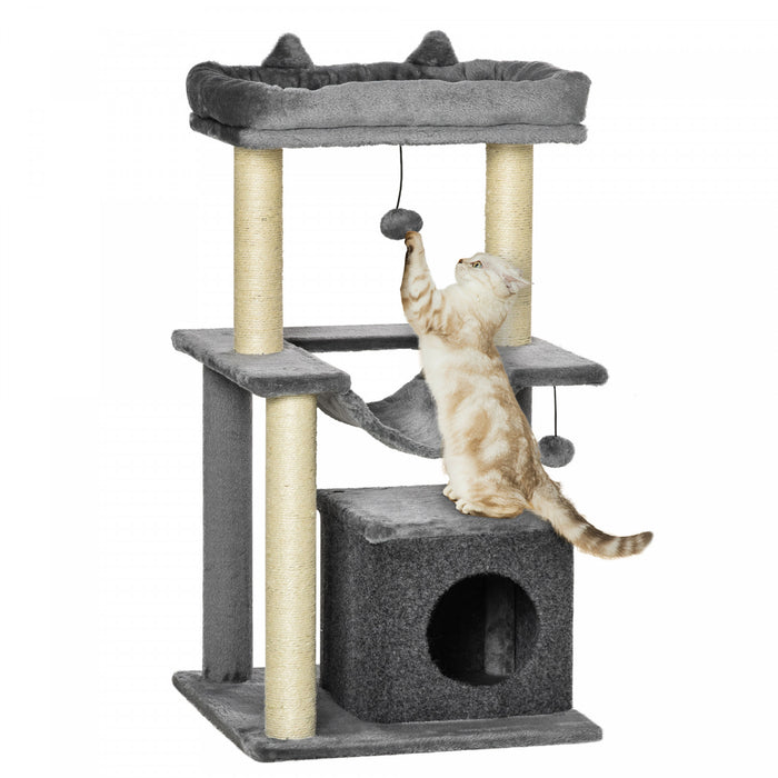 Pawhut Cat Tree Tower Multi-level Kitten House With Scratching Post Condo Hammock Bed Ball Toy - 19 X 19 X 35.5 Inches, Gray
