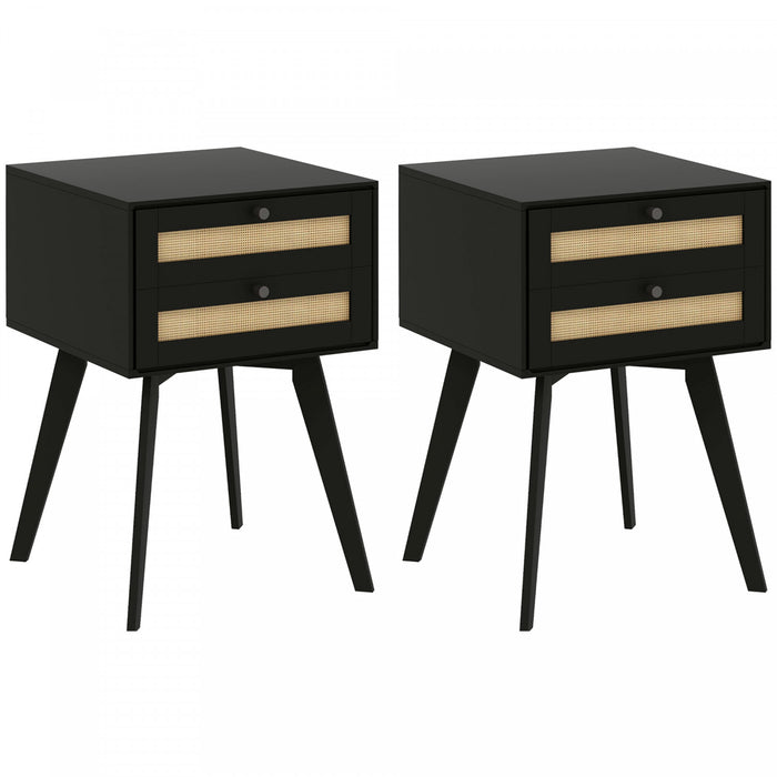 HOMCOM Bedside Table Set of 2 with 2 Drawers, Rattan Element for Bedroom