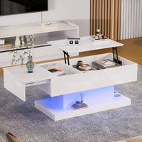 Logan Lift-Top Coffee Table with LED Lighting and Extendable Desktop,White 