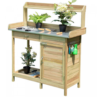 Costway Outdoor Potting Bench Garden Wooden Work Station Metal Tabletop Cabinet