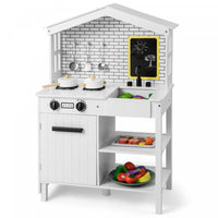 Costway Kids Farmhouse Kitchen Play Set Wooden Pretend Toy With Storage & Accessories
