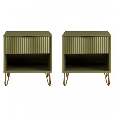 Dumbo Modern 20" Fluted Nightstand in Olive Green (1-Drawer) - Set of 2 | Table de nuit moderne Dumbo 20" cannelee en vert olive (1 tiroir) - Lot de 2